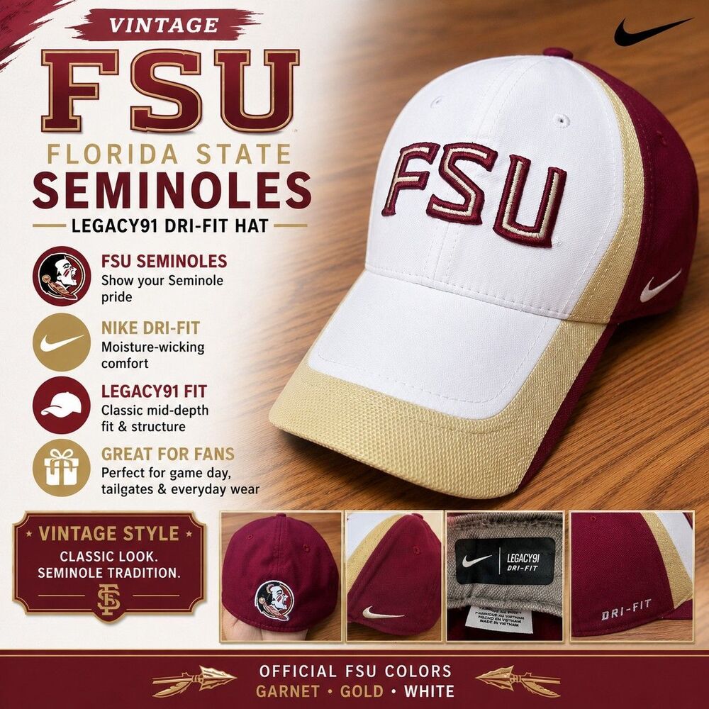 Nike FSU Florida State Seminoles Legacy91 Dri-FIT Hat Cap White Garnet Gold